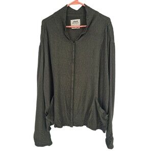 Flax Size Medium Womens Top Green Snap Up Lagenlook Pockets Shirt